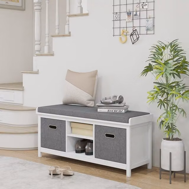 HOMCOM Modern Shoe Storage Bench with Fabric Cushion and Adjustable Shelf in White and Grey