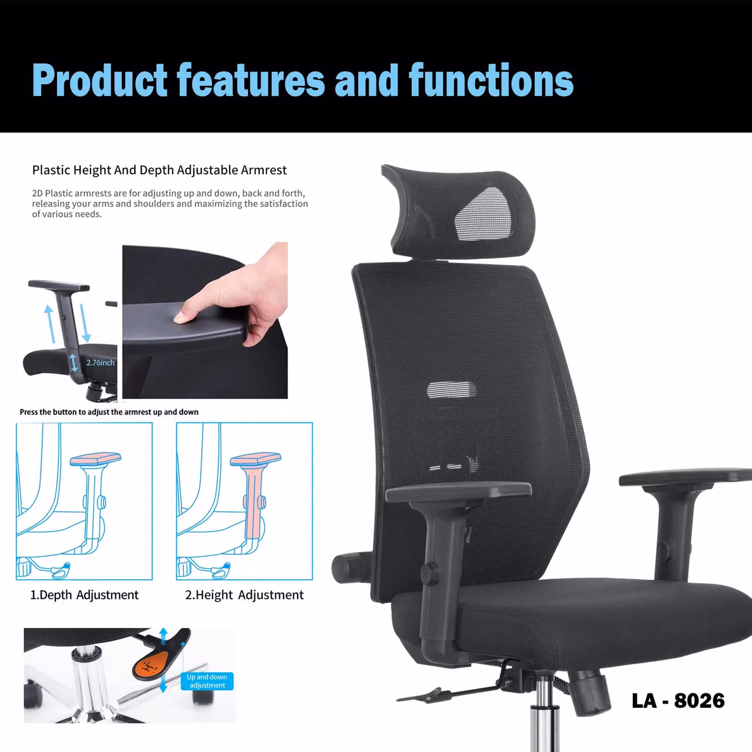 JFY Executive Padded Swivel Office Chair with Headrest and Armrests in Black Fabric – 4