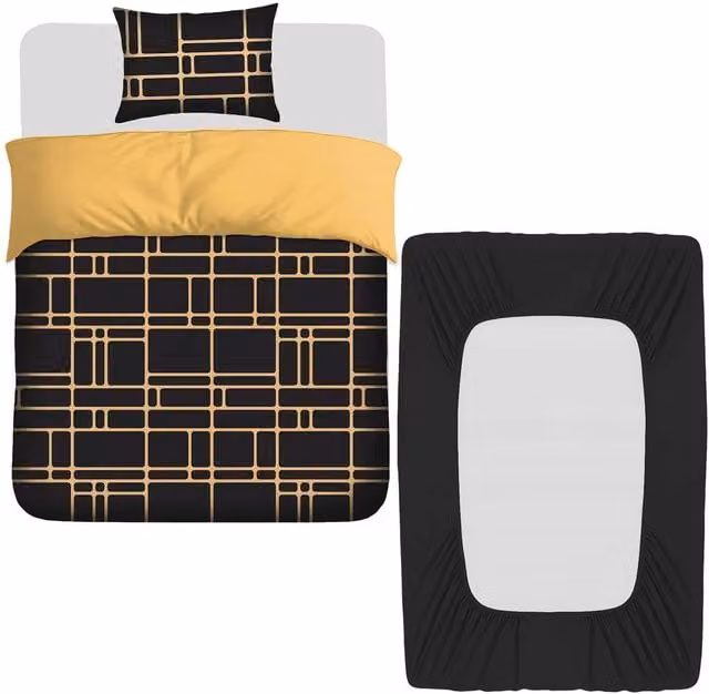 Pamposh Reversible Microfibre Duvet Cover Set and Black Fitted Sheet in Gold, Double Size (Duvet Cover: 200 x 220 cm, Fitted Sheet: 140 x 200 cm)