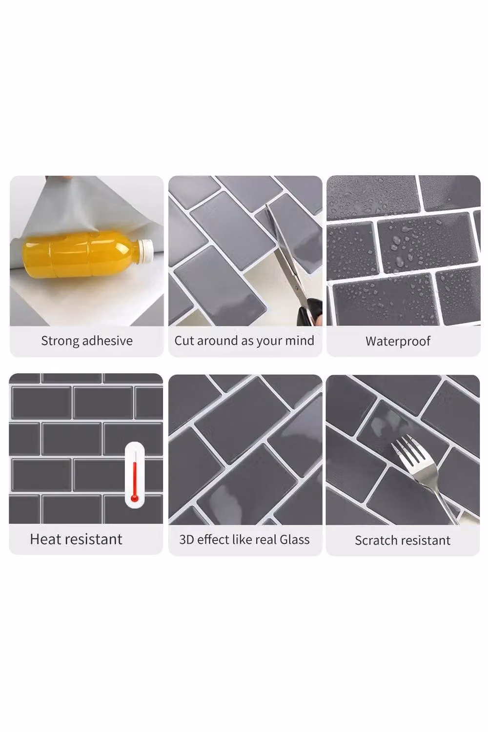 H&O Direct 10-Piece Dark Grey Waterproof and Heat Resistant Rectangular Wall Stickers – 2