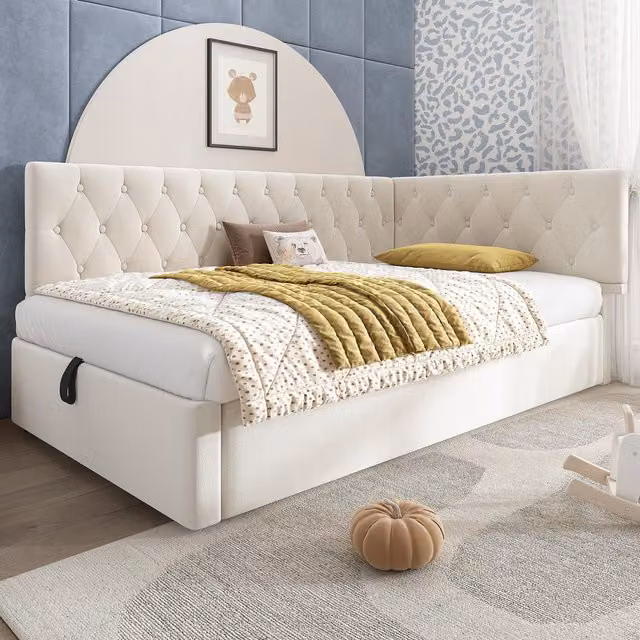 Aosom UK Beige Upholstered Single Sofa Bed Daybed with Hydraulic Ottoman Storage and Reversible Headboard, L: 196 cm, W: 100 cm, H: 77 cm – 1