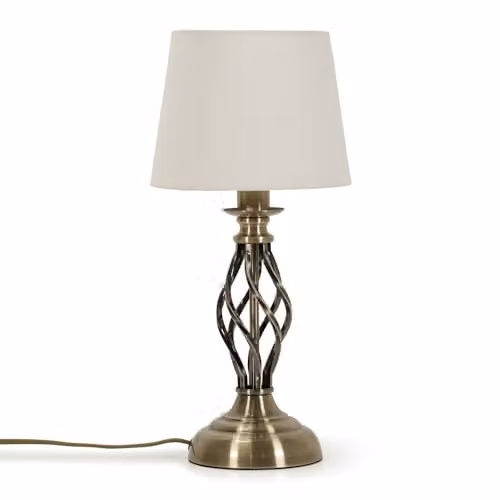 ValueLights Antique Brass Table Lamp with White Fabric Lampshade and LED Bulb