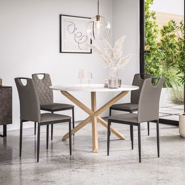 More4Homes Malvern Round Marble Effect Dining Table Set with 4 Monza Chairs in Grey and White, W/D/H: 120 x 120 x 75 cm