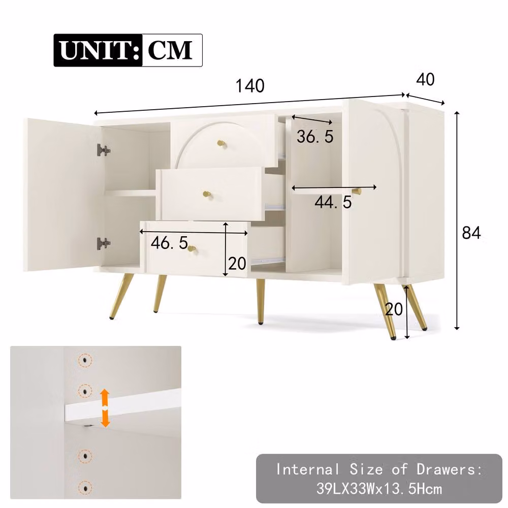 Rolipo Modern White Matt Sideboard Cabinet with 3 Drawers and 2 Doors, Width: 140 cm – 2