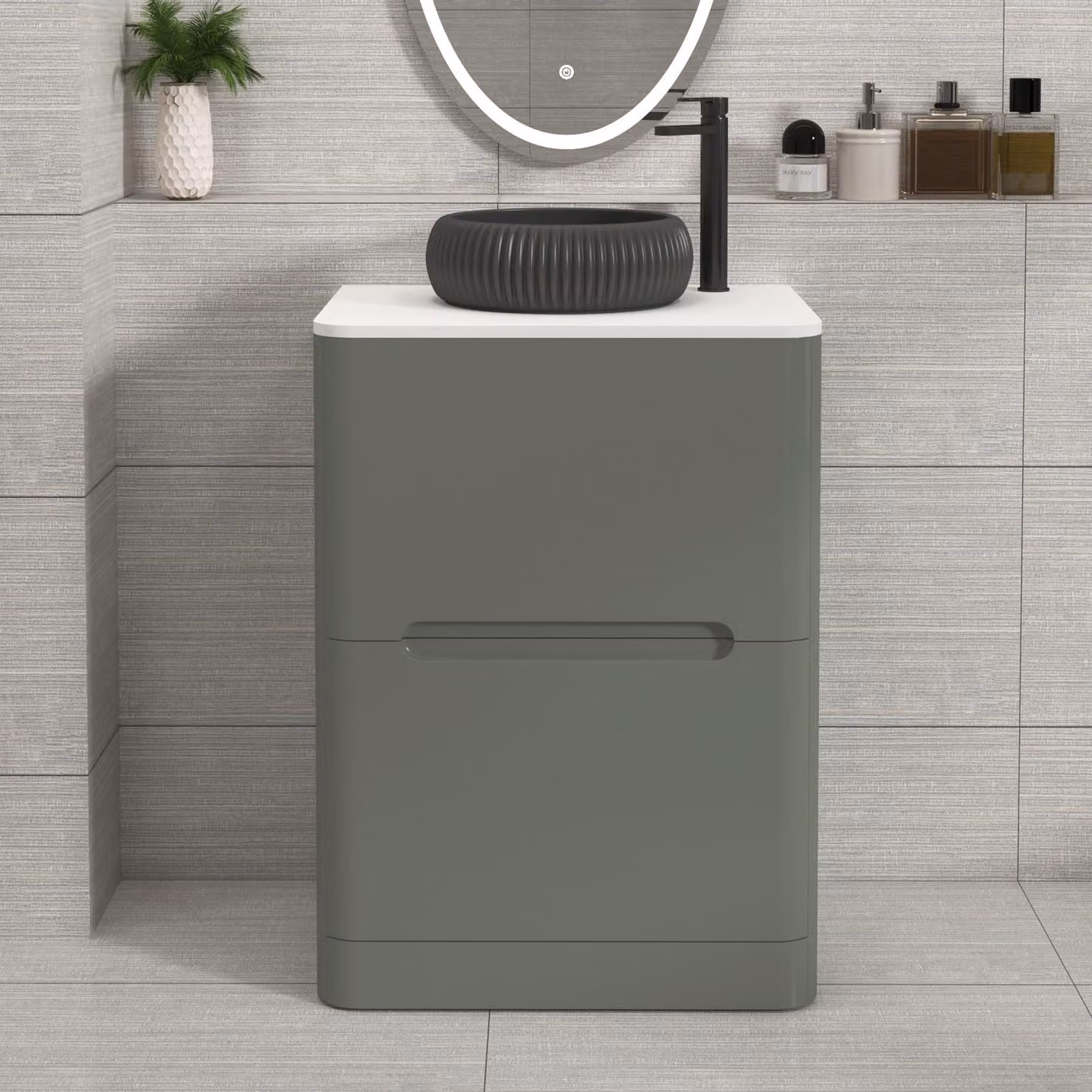 Royal Bathrooms Venice 600mm Sage Green Floor Standing Vanity Unit with 2 Drawers, Plain White Worktop and Milan Black Basin