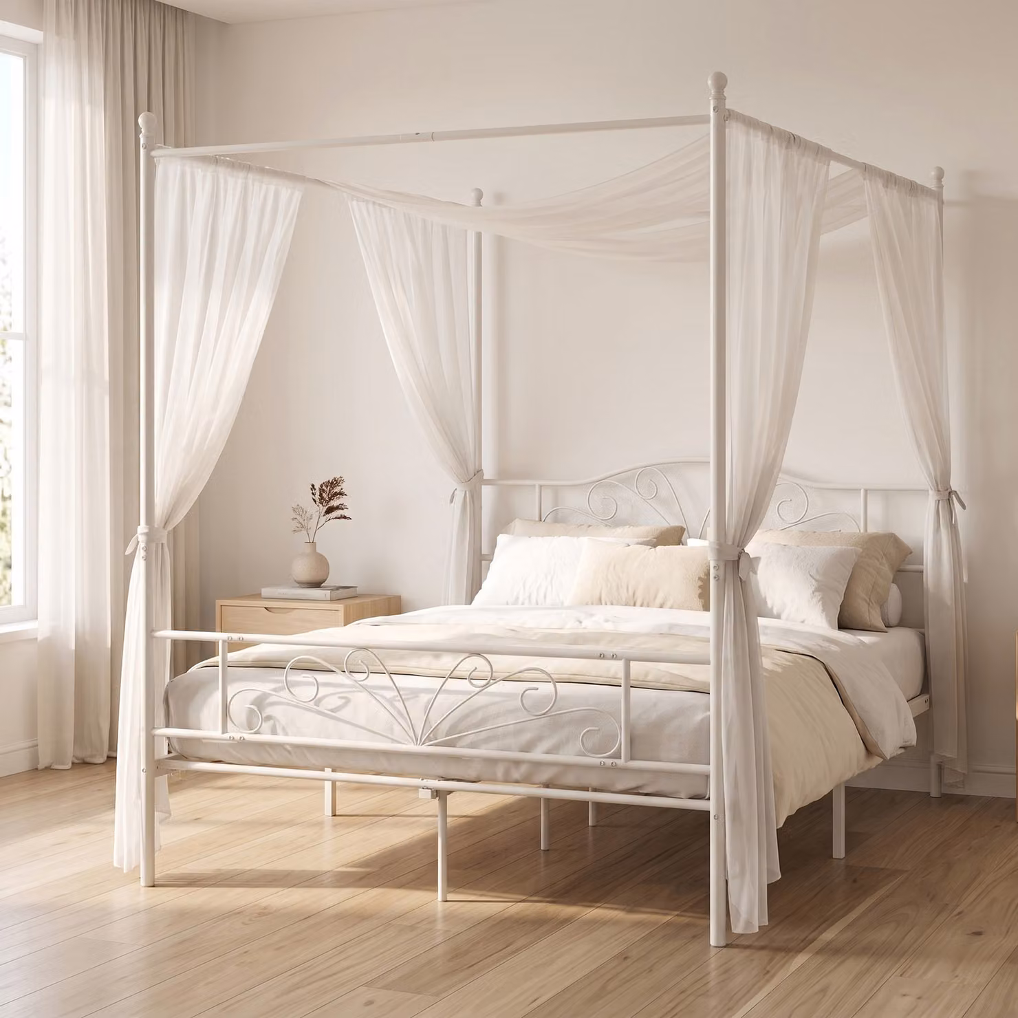 HOMCOM Double Size Metal Canopy Bed Frame with Headboard, Footboard and Underbed Storage in White – 2