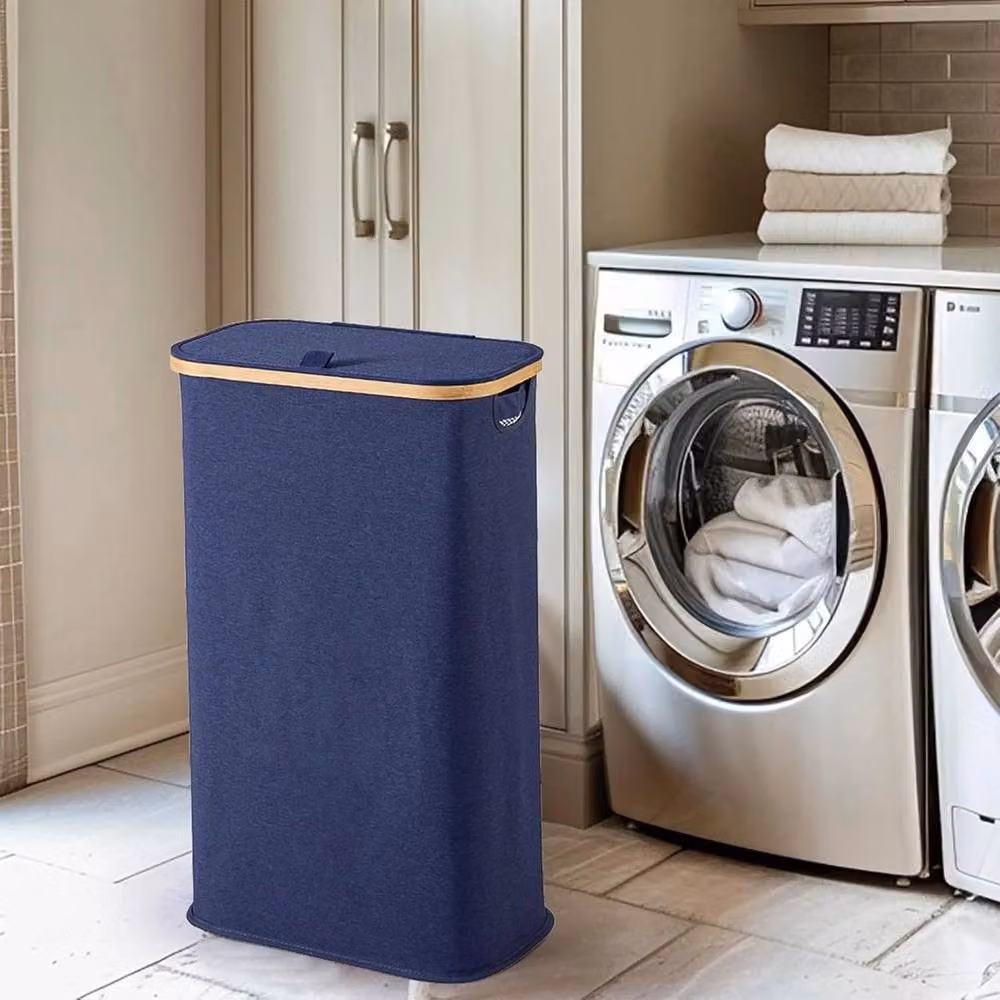 FLAVORA Blue Vencier 60L Slim Laundry Hamper with Lid and Bamboo Fabric – 3