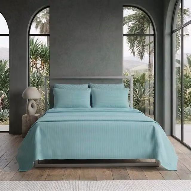 Snug City Luxury Satin Stripe T250 Cotton Rich Soft Flat Sheet Bed Linen in Turquoise, Size: Single (90 x 200 cm) – 1
