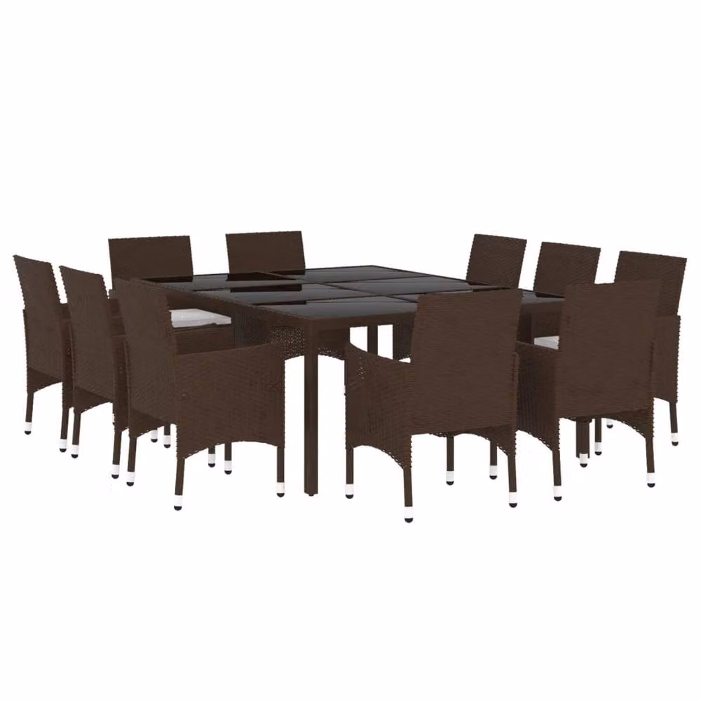 Berkfield Home 11 Piece Brown Poly Rattan Garden Dining Set with Metal Frame and Glass Top – 2