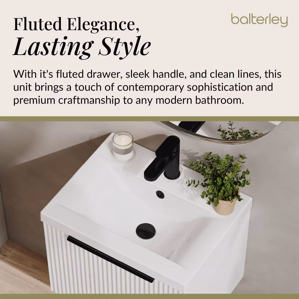 Balterley Modern Wall Hung Single Drawer Bathroom Vanity Unit with Basin, White, W: 50.0 cm, D: 39.0 cm, H: 39.9 cm – 2