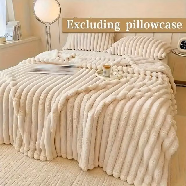 Dyzi Reversible Double Sided Faux Rabbit Fur Winter Throw Blanket in Beige and White, King Size