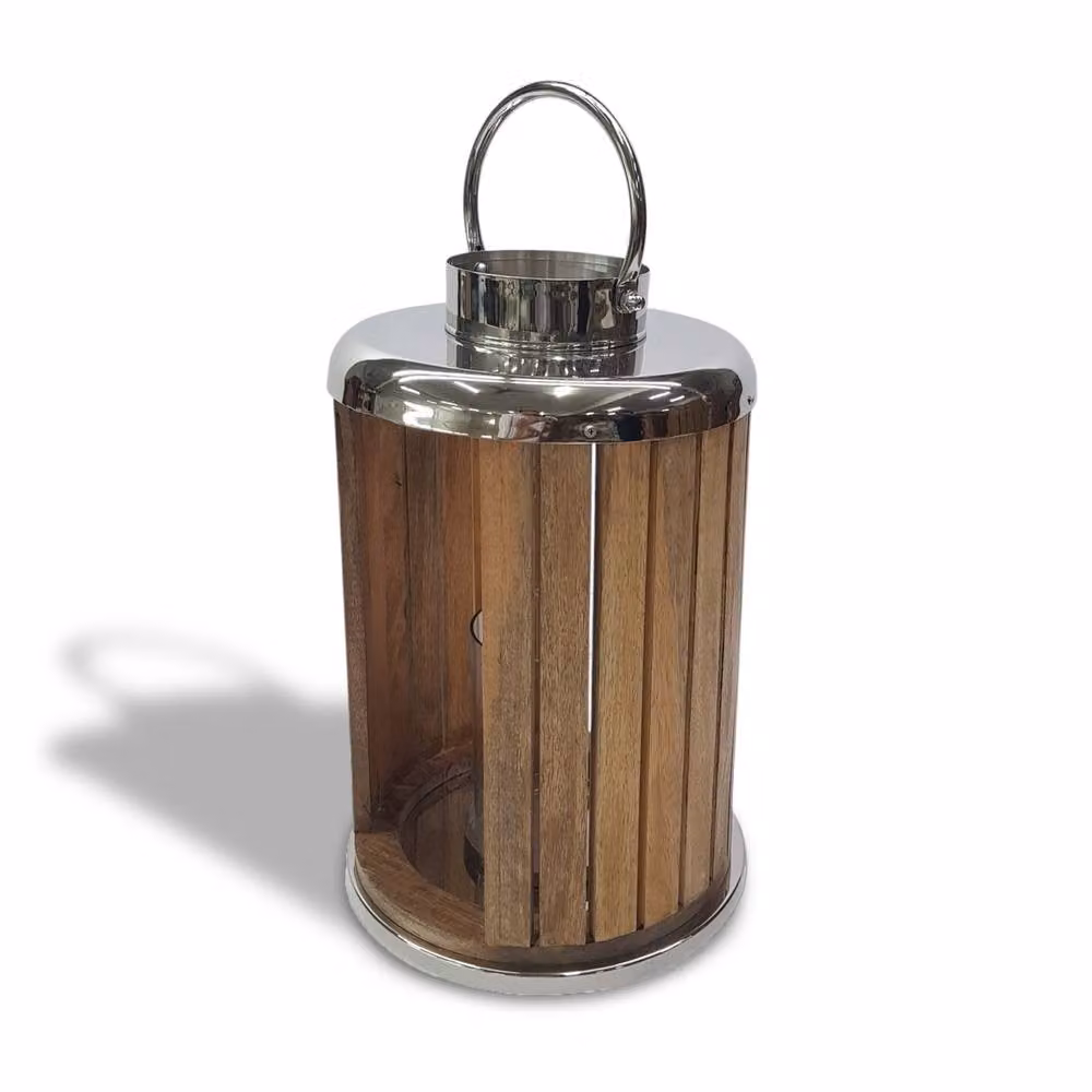 Elm Home And Garden Mango Wood and Stainless Steel Lantern in Silver and Brown, H: 39.0 cm, W: 26.0 cm, D: 26.0 cm – 2