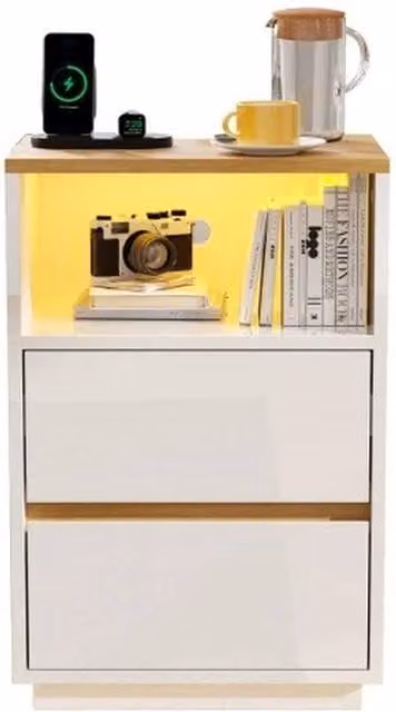 KORVIXA White Glossy LED Bedside Table with 2 Drawers and Integrated Lighting, W/D/H: 100 x 100 x 100 cm
