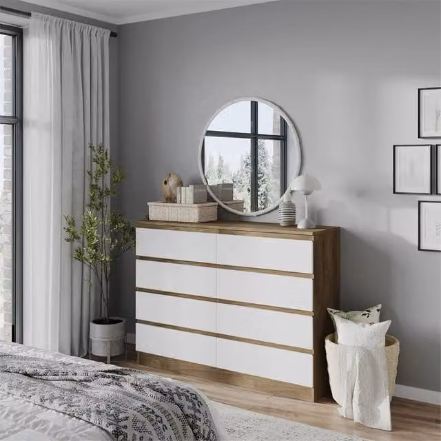 FORGEVIO Modern Oak Carcass Chest of 8 Drawers with White Drawers