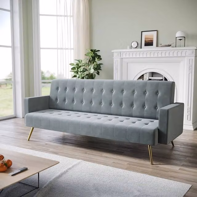 FLAVORA 3 Seater Grey Velvet Click Clack Sofa Bed with Solid Wood Frame