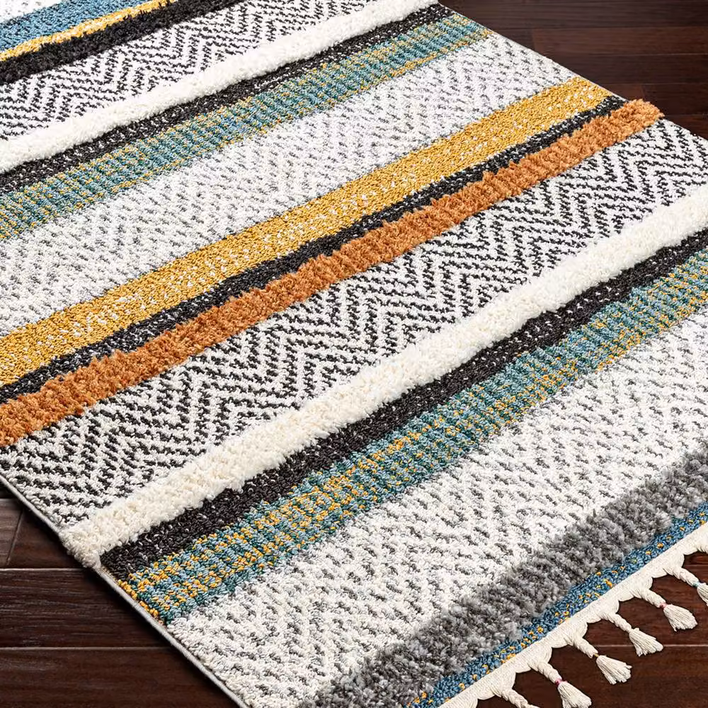 Livabliss Lofty-Shaggy Vintage Boho Plush Soft Pile Fringe Rug in Multicolour White Black and Yellow, W: 160 cm, L: 215 cm – 6