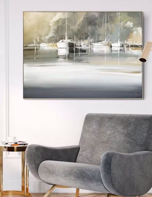 Gallery Direct Marina Morning Abstract Modern Framed Art, Grey Mix, Rectangular Landscape Painting Reproduction