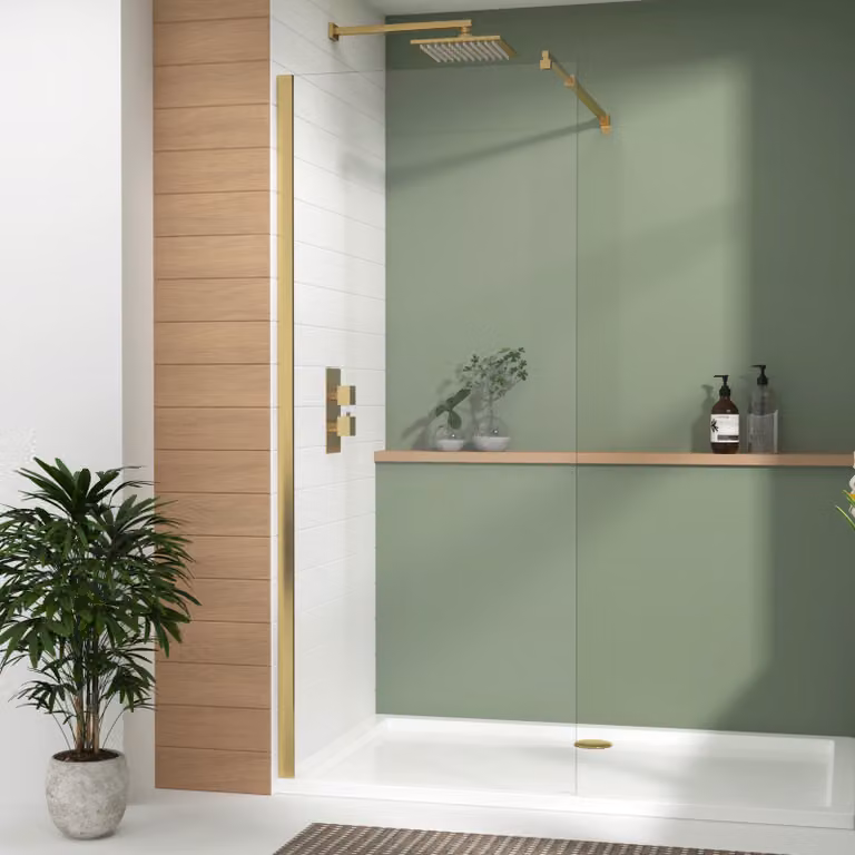 Luton Walk In Wet Room Shower Screen with Top Support Arm, 8mm Easy Clean Glass, Brushed Brass, W: 80 cm, H: 195 cm