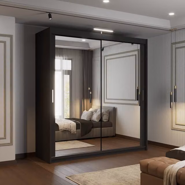 Sliding Wardrobes 4u Modern Sliding Door Wardrobe with Mirror, Shelves, Hanging Rail and Integrated LED Lighting, White and Black, W/D/H: 150 x 40 x 217 cm