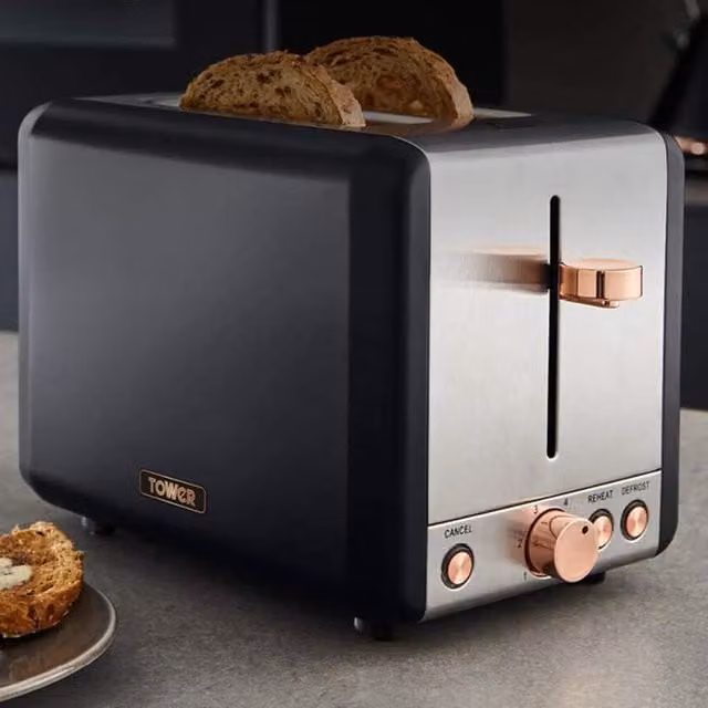 Tower 2 Slice Stainless Steel Toaster in Black and Silver with Cable Storage