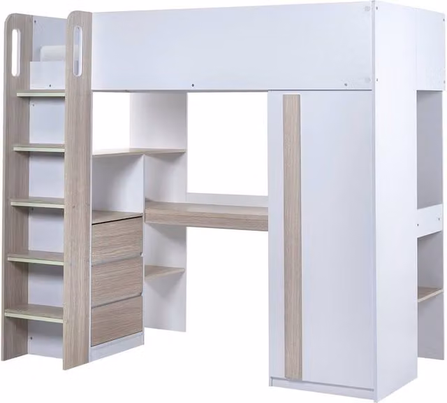 Cheshire Stonewood Single Highsleeper Bed in Pale Wood and White with Drawers and Stairs – 1