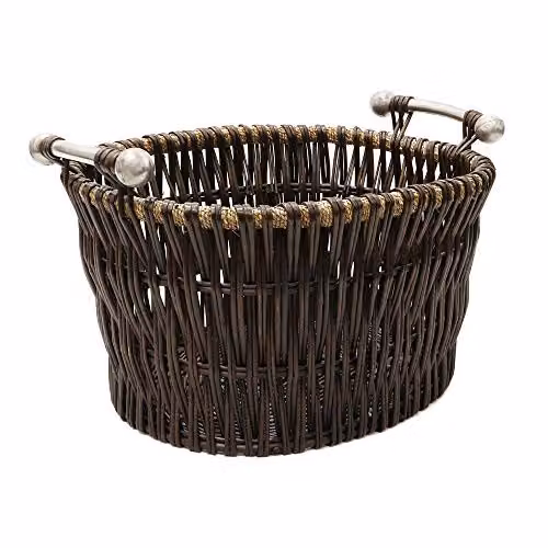 JVL Vertical Weave Oval Log Basket with Metal Handles, Brown, W: 55.0 cm, D: 35.0 cm, H: 55.0 cm – 1