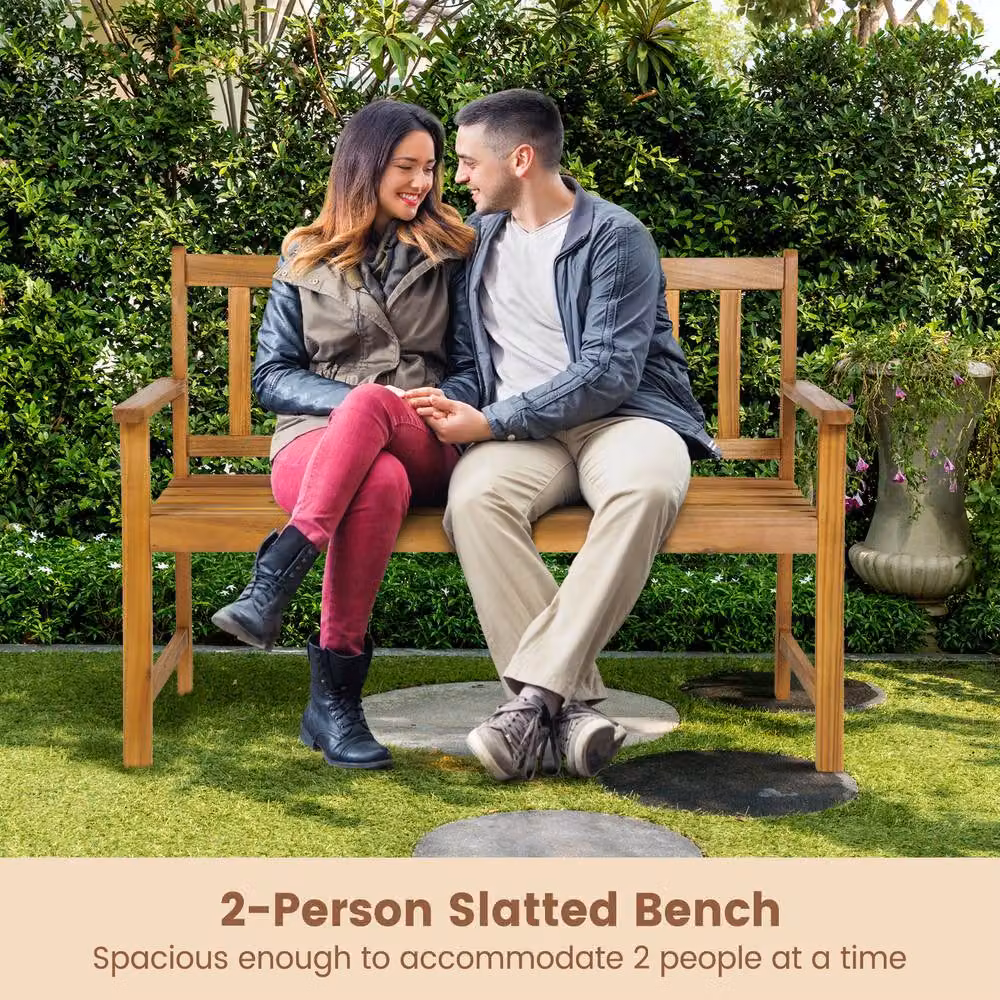 Costway 2-Person Outdoor Acacia Wood Garden Bench with Armrests in Natural Brown – 4