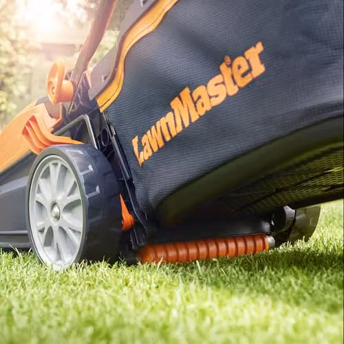 LawnMaster 1400W Orange Electric Lawnmower and Grass Trimmer Set with Collection Bag and Fixed Steel Blade, Corded Mains – 3