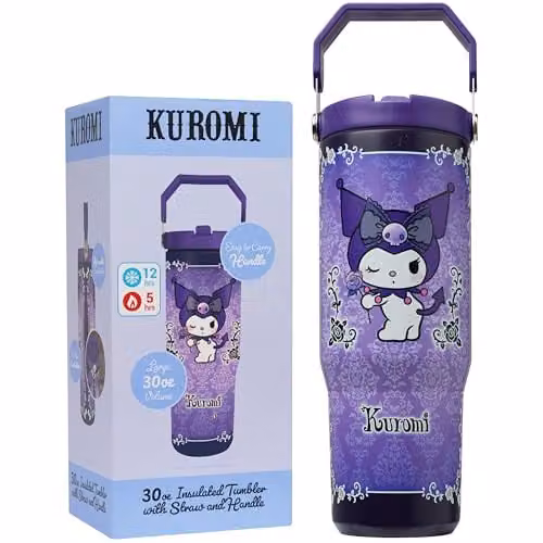 Get Trend Sanrio Kuromi Insulated Metal Water Bottle with Flip Up Straw and Handle, 850ml, Purple