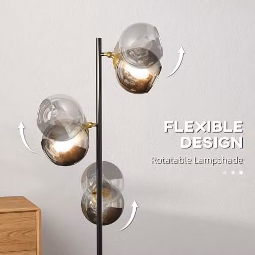 HOMCOM 3-Light Tree Floor Lamp with Glass Sphere Shades in Grey and Black, Height: 162 cm – 3