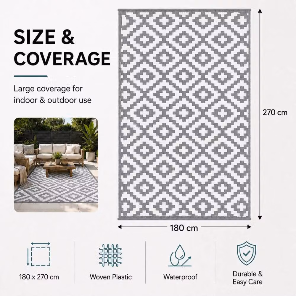 Pawnora Grey and White Woven Outdoor Patio Rug, W/D/H: 180 x 270 cm – 2