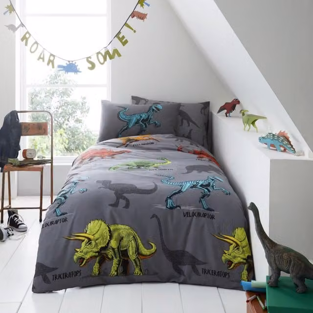 Smart Living Kids Dino Friends Reversible Polycotton Duvet Cover, Fitted Sheet or Pillowcases in Grey