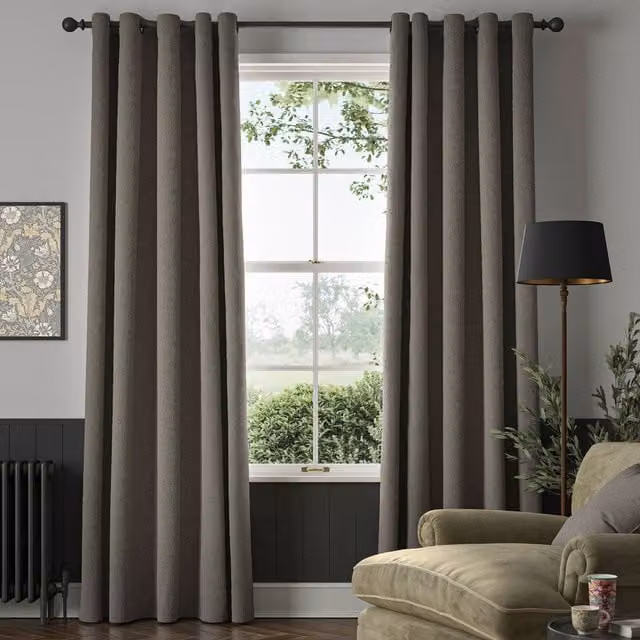 William Morris Reed Made To Measure Blackout Eyelet Curtains in Cobble Brown and Grey