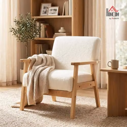 HOMCOM Modern Armchair with Solid Rubberwood Frame and White Fabric Upholstery – 2