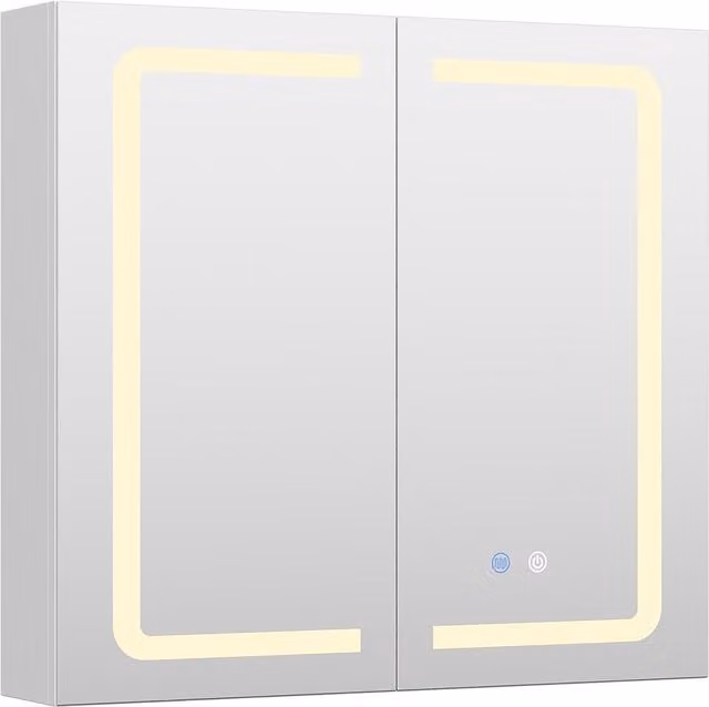 Livingandhome Modern Silver Double-Door Bathroom Mirror Cabinet with LED Lighting and Anti-Fog Feature