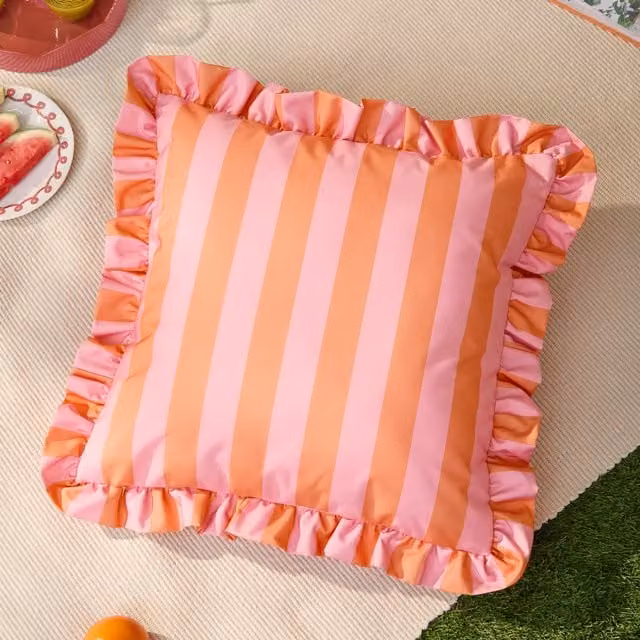 Furn Palm Royale Stripe Ruffle Printed Outdoor Filled Cushion, Pink and Orange, W/D/H: 50 x 50 x 50 cm