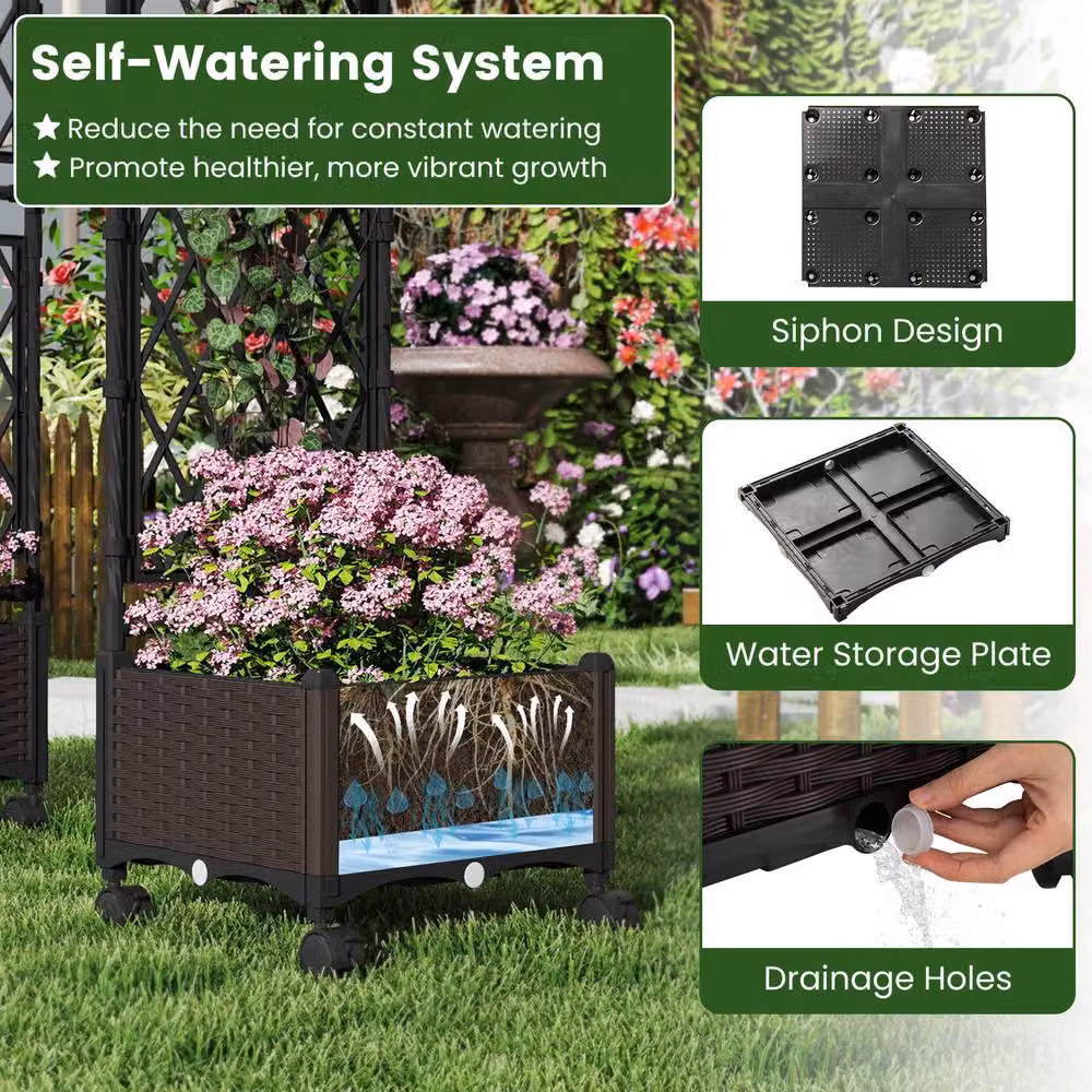 Costway Brown Self-Watering Raised Planter Boxes with Lattice Trellis and Roof for Vegetable and Herb Gardens, W: 147 cm, D: 40 cm, H: 20 cm – 7