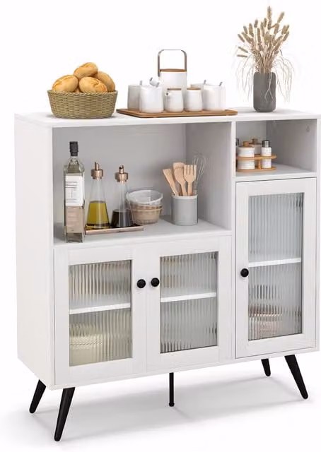 Costway White Industrial Kitchen Storage Cabinet with Glass Doors and Internal Shelves
