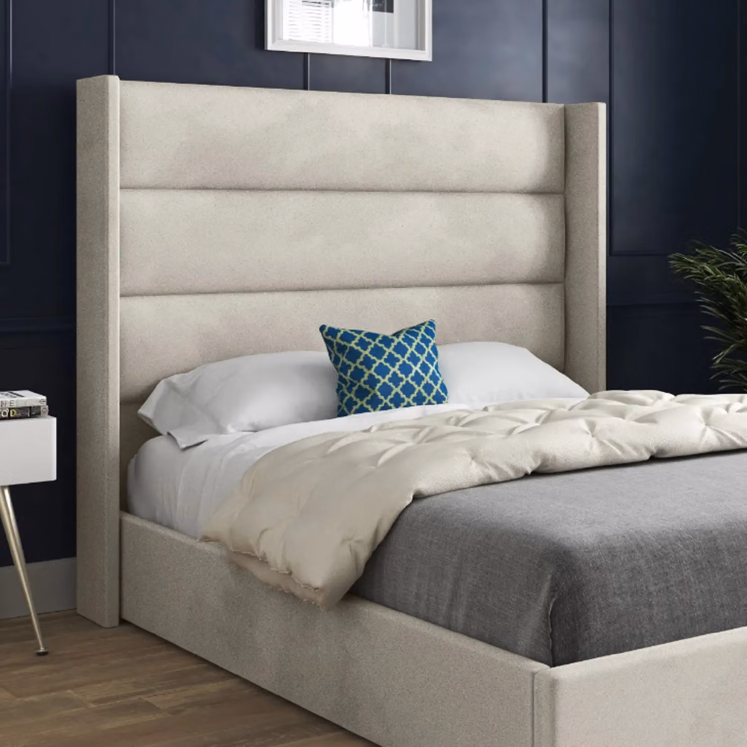 KDMD Nuno Straight Winged Upholstered Velvet Bed Frame in Cream, W: 140 cm, D: 200 cm, H: 137 cm – 2