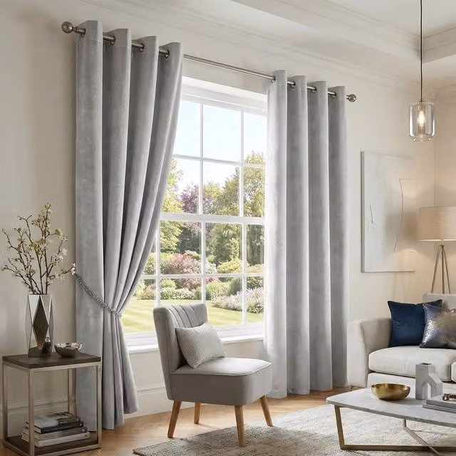 Luxury Living Silver Velvet Thermal Blackout Eyelet Curtains, Pair, Width: 117 cm, Drop: 183 cm
