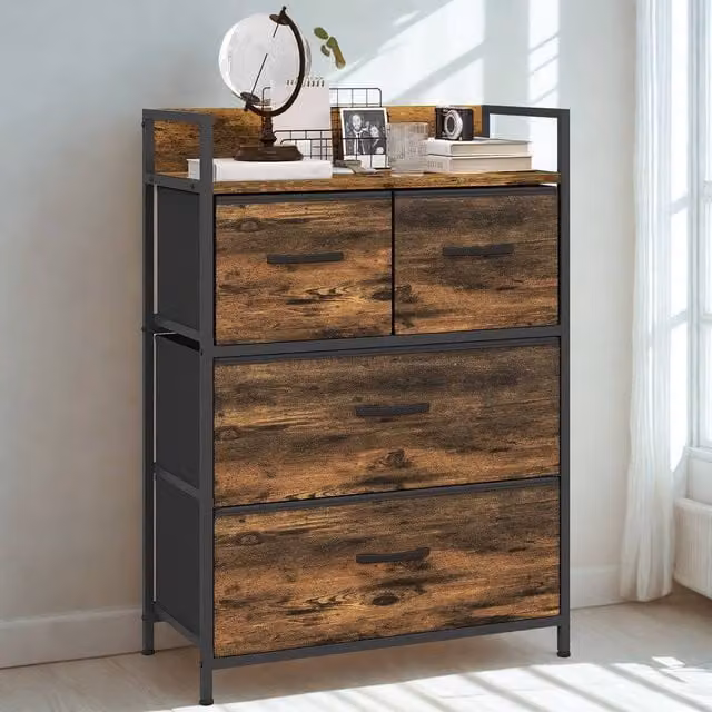 FURNOS Industrial 4 Fabric Drawer Chest Storage Unit with Shelftop in Brown