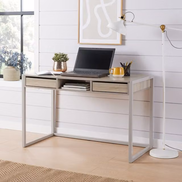 Home Source Toronto Industrial Computer Desk with 2 Drawers in Light Oak
