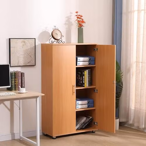 MMT Furniture Designs Ltd Beech Office Storage Cupboard with Lockable 2 Doors and Adjustable Shelves, Brown, H 140 x W 86 x D 44 cm – 2