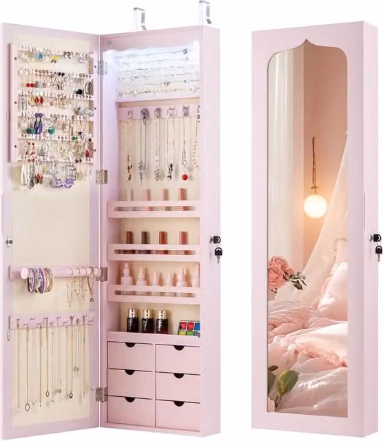 Gymax Pink Wall Mounted Jewellery Armoire with LED Lighting, Lock and Mirror