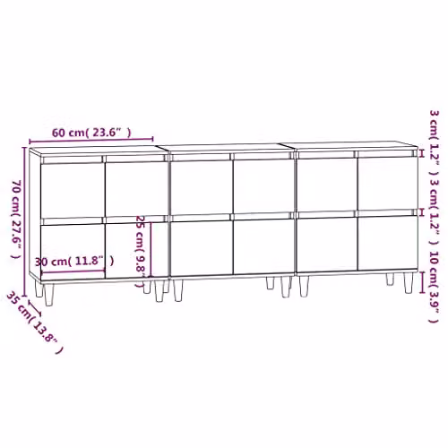 vidaXL Set of 3 Sideboards in Brown Engineered Wood, W/D/H: 60 x 35 x 70 cm – 3