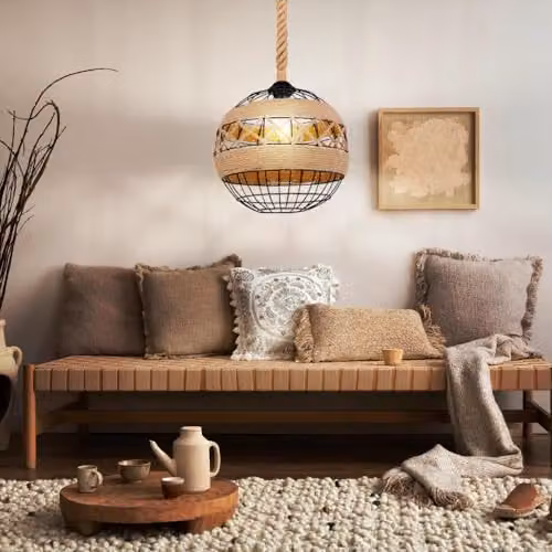 Netlighting Ulleu Industrial Sphere Pendant Ceiling Light in Black or Brown with Hemp Rope and Metal Construction, E27, Diameter: 30 cm – 3