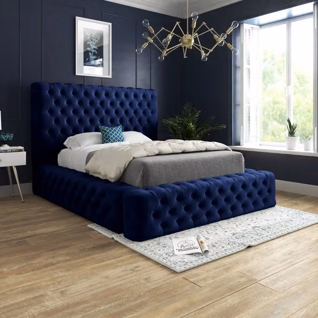 DS Living Cambridge Upholstered Blue Velvet Bed Frame, Double (140 x 200 cm)
