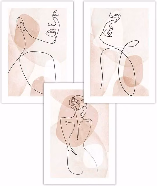 ARTZE Set of 3 Pink, Black and White Abstract Line Art Female Portrait Paper Posters, W: 59 cm, H: 84 cm