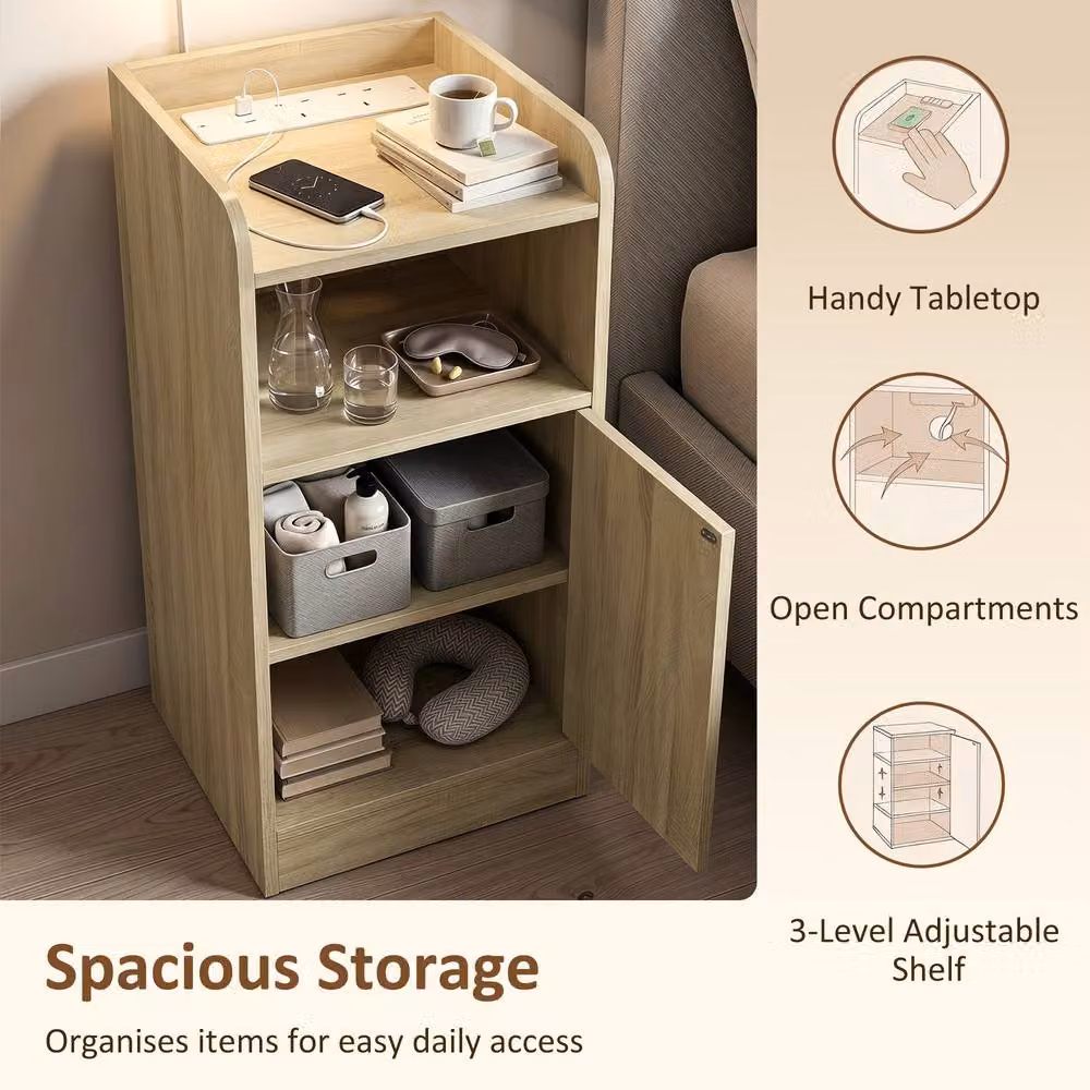 HOMCOM Set of 2 Slim Bedside Tables with Charging Station in Light Oak – 5