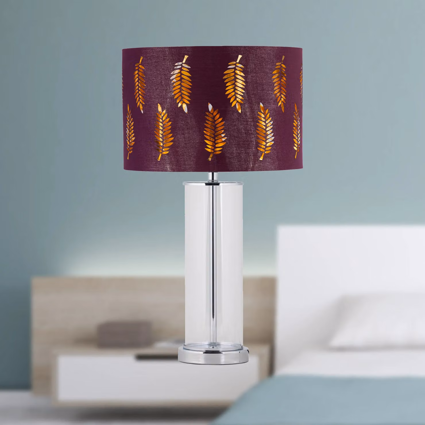 First Choice Lighting Aura Set of 2 Chrome Table Lamps with Red Burgundy Fern Cut Out Shades – 3